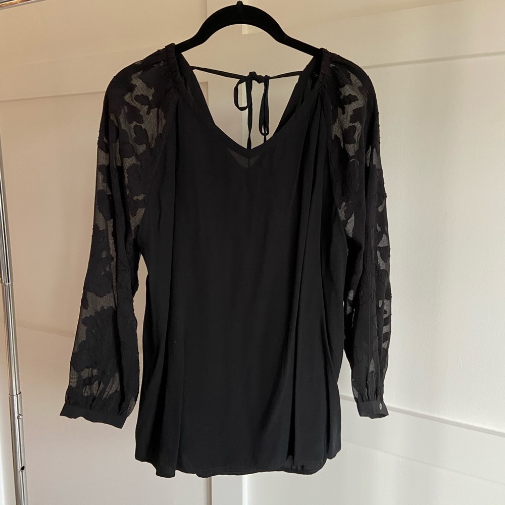 LOFT top with sheer floral sleeves